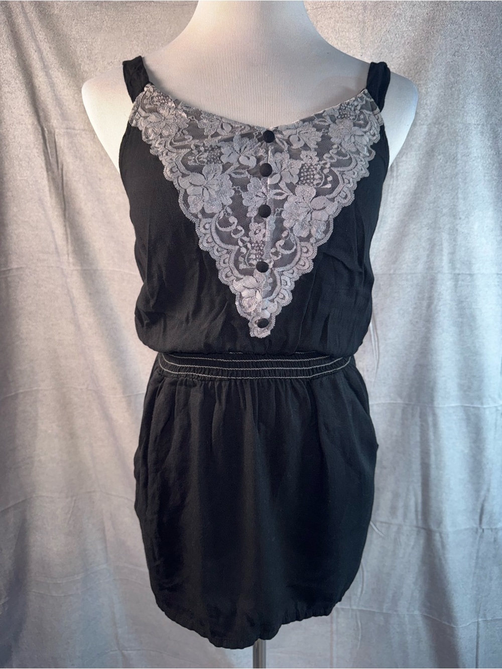 2277-Phanuel Black Sleep Romper with Cream Lace V-Panel